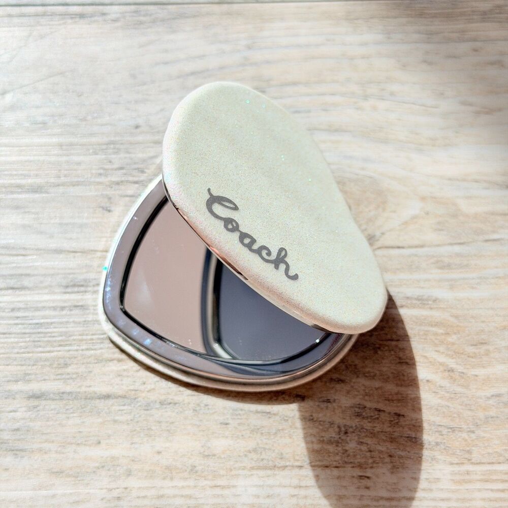 Coach Heart Compact Mirror Iridescent Glitter White Silver Y2K Coquette Purse
